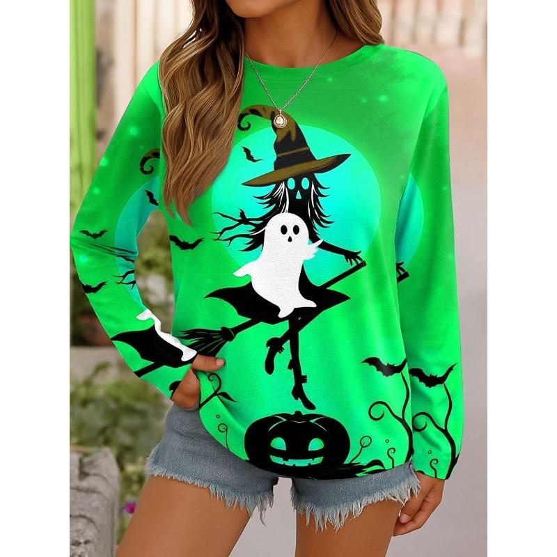 Round Neck 3D Ghost Printed Top Casual Long Sleeved Women's T-shirts - Soft Medium Stretch Polyester Fabric Spring and Autumn Relaxed Fit Clothing