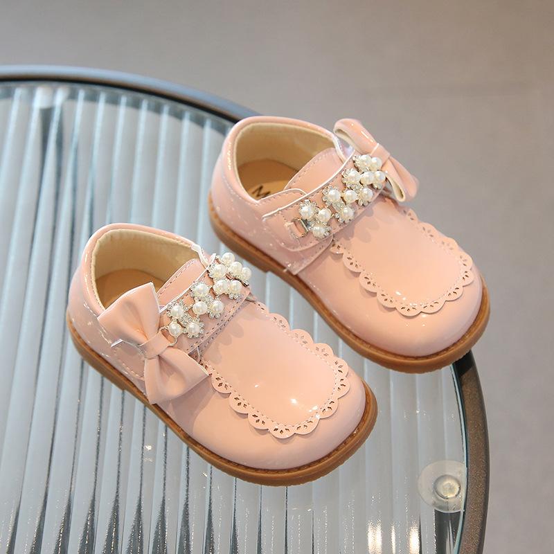 Kids Shoes Girl Pearl Small Leather Shoe Bow Tie Princess Shoe Fashionable Mary Jane Shoes Spring Autumn Soft Bottom Shoes Girl