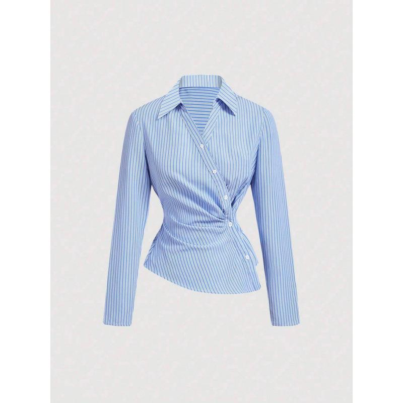 Европейская и американская женская асимметричная рубашка с длинным рукавом в сине-белую вертикальную полоску с узлом L небесно-голубой