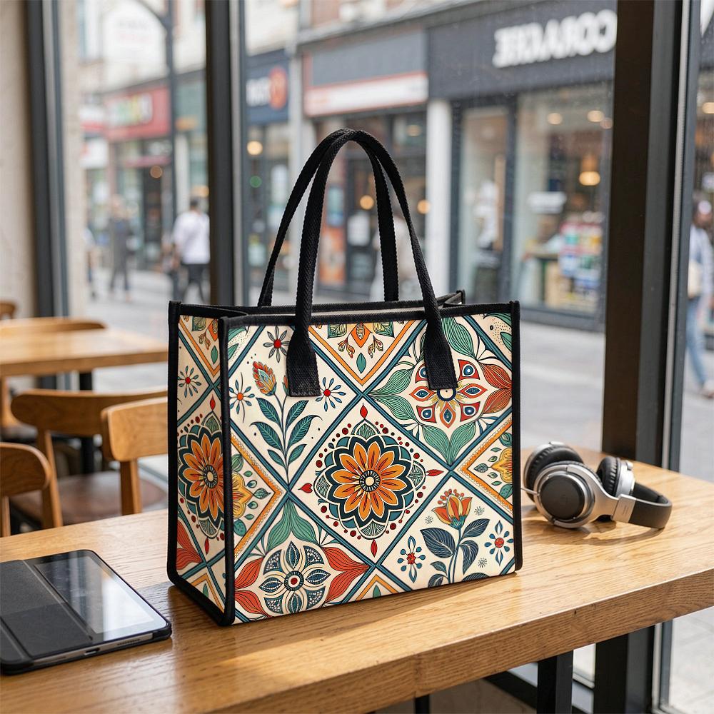Vintage Boho Floral Printed Tote Bag Daily Use Shopping Shoulder Bags for Women Casual Portable Aesthetic Handbag