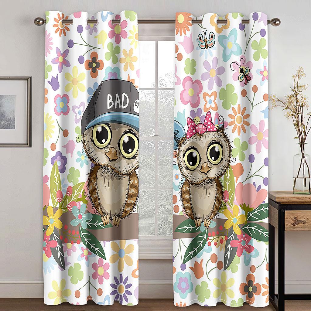 Cheap Kids Cartoon Owl Cute Baby Girls Boy Children's 2 Pieces Thin Curtains for Living Room Bedroom Window Decor