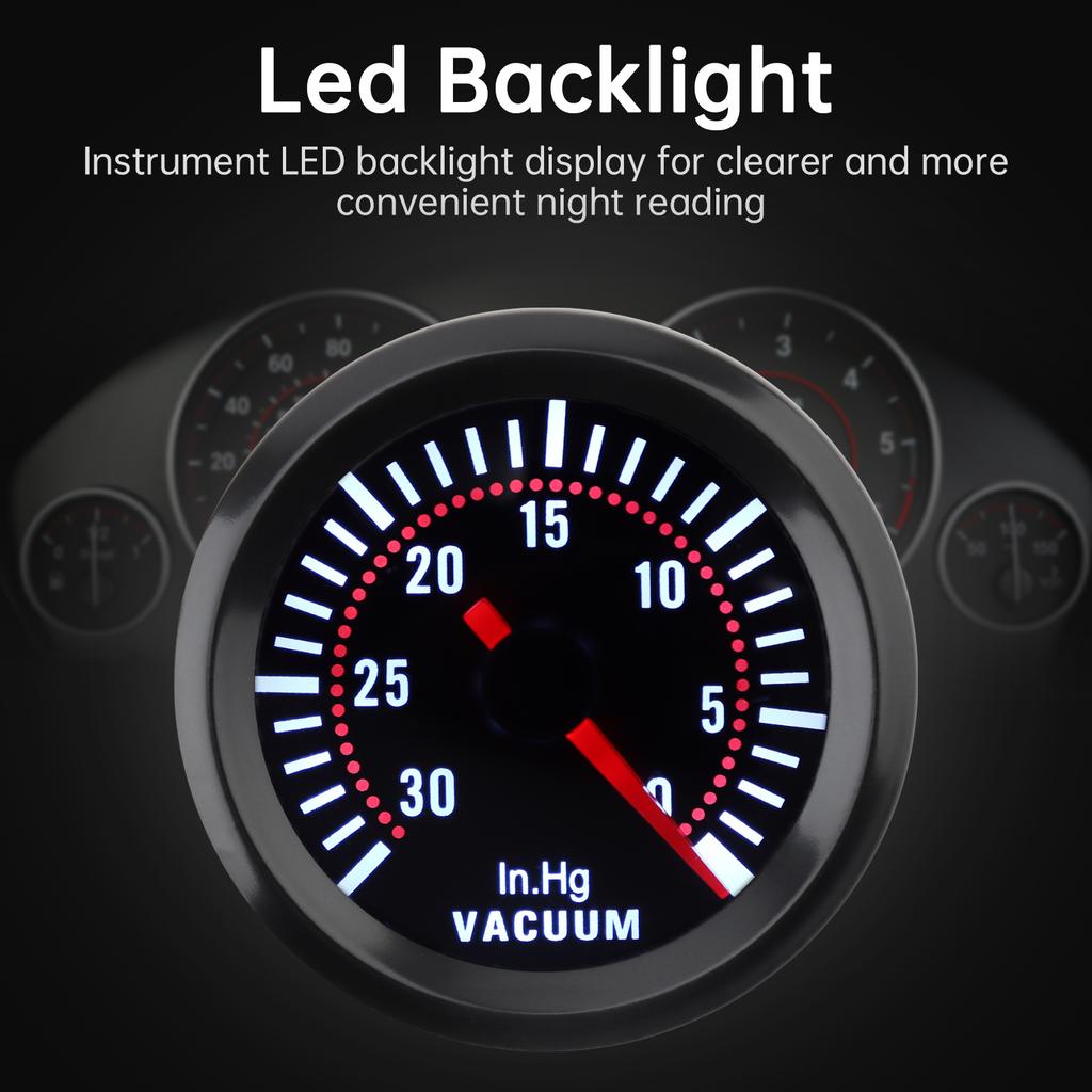 Universal 52mm 12V Bil Vakuummåler 0 - 30 in.Hg for Bil / Båt / Lastebil / ATV, Ekstern Type Automobil Elektrisk Vakuummeter