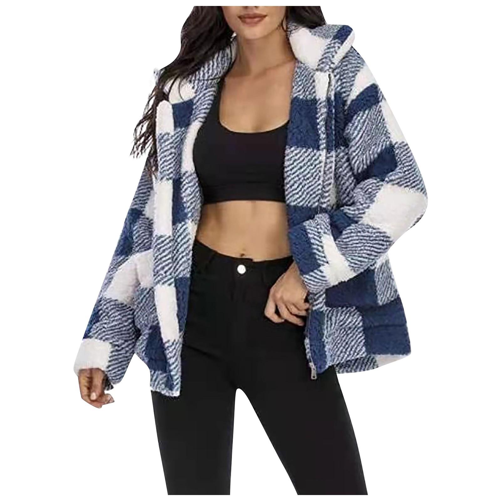 

Модная повседневная женская плюшевая карманная куртка в клетку в тон кардигана S синий