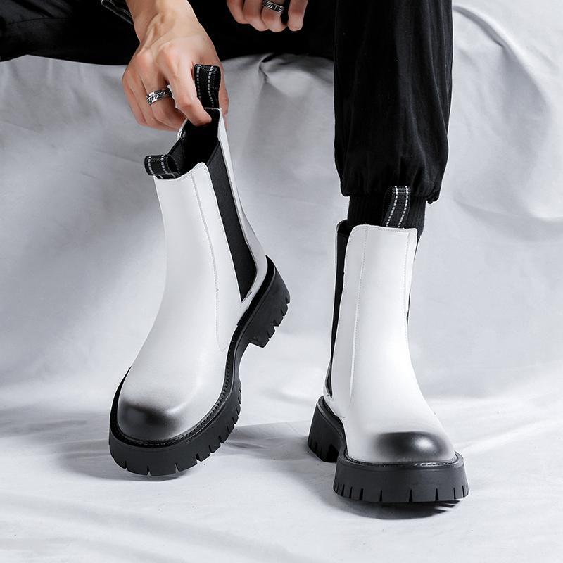 Men Luxury Fashion Chelsea Boots Black White Shoes Stage Nightclub Dress High Top Cowboy Boot Handsome Platform Long Botas Mans