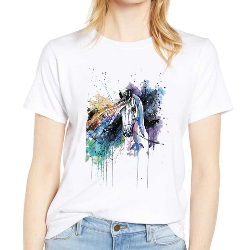 Colorful Horse Print Women T-Shirt Funny Short Sleeve Cute Print Casual Womens Tee Tshirt 90S Clothes Graphic Ladies T-Shirt