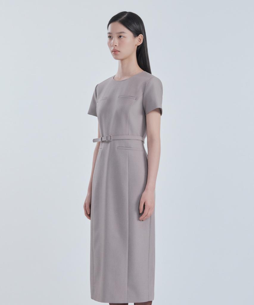 Mausolleum Belted Round Neck Long Suit Dress - Ash Beige