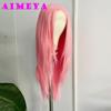 AIMEYA Layered Cut Pink Lace Front Wig Long Natural Straight Synthetic Wig Heat Resistant Natural Hairline Daily Use Cosplay