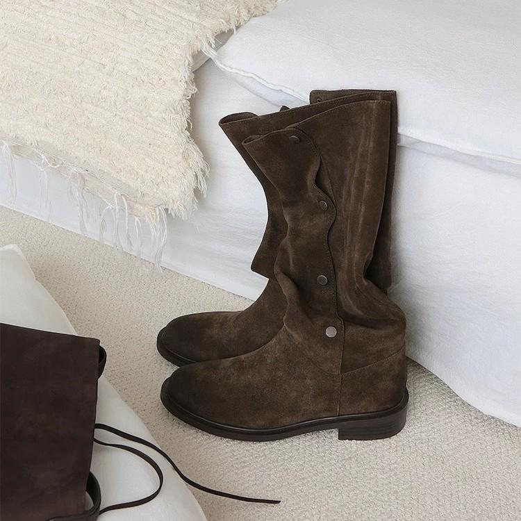 Cowhide version thin pleated piled boots women's boots thick heel retro two wear western boots suede versatile knight boots