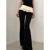 European and American Women's Clothing Street Chaoer Contrast-Color Ruffled Fake Two-Piece Bell-Bottom Pants Silm Slim Looking Casual Knitted Trousers