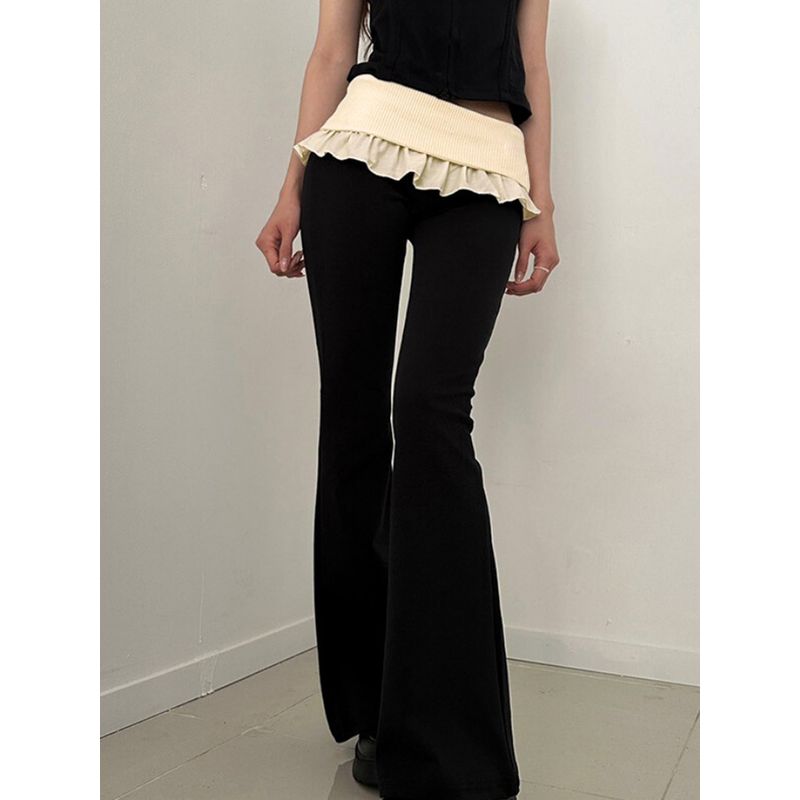 European and American Women's Clothing Street Chaoer Contrast-Color Ruffled Fake Two-Piece Bell-Bottom Pants Silm Slim Looking Casual Knitted Trousers