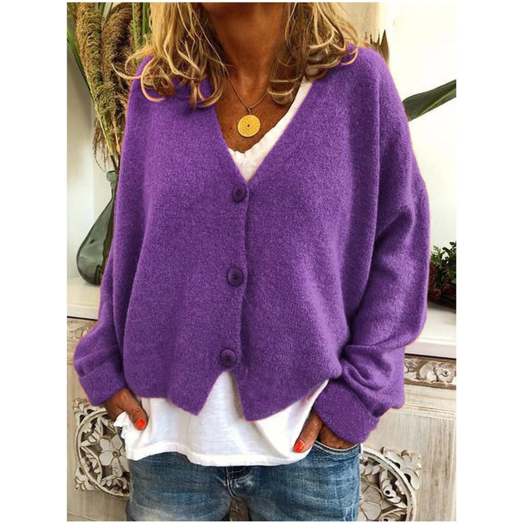 Women's Spring and Autumn Loose Knit Cardigan Solid Color V-neck Long-sleeved Single-breasted Loose Knit Sweater Coat