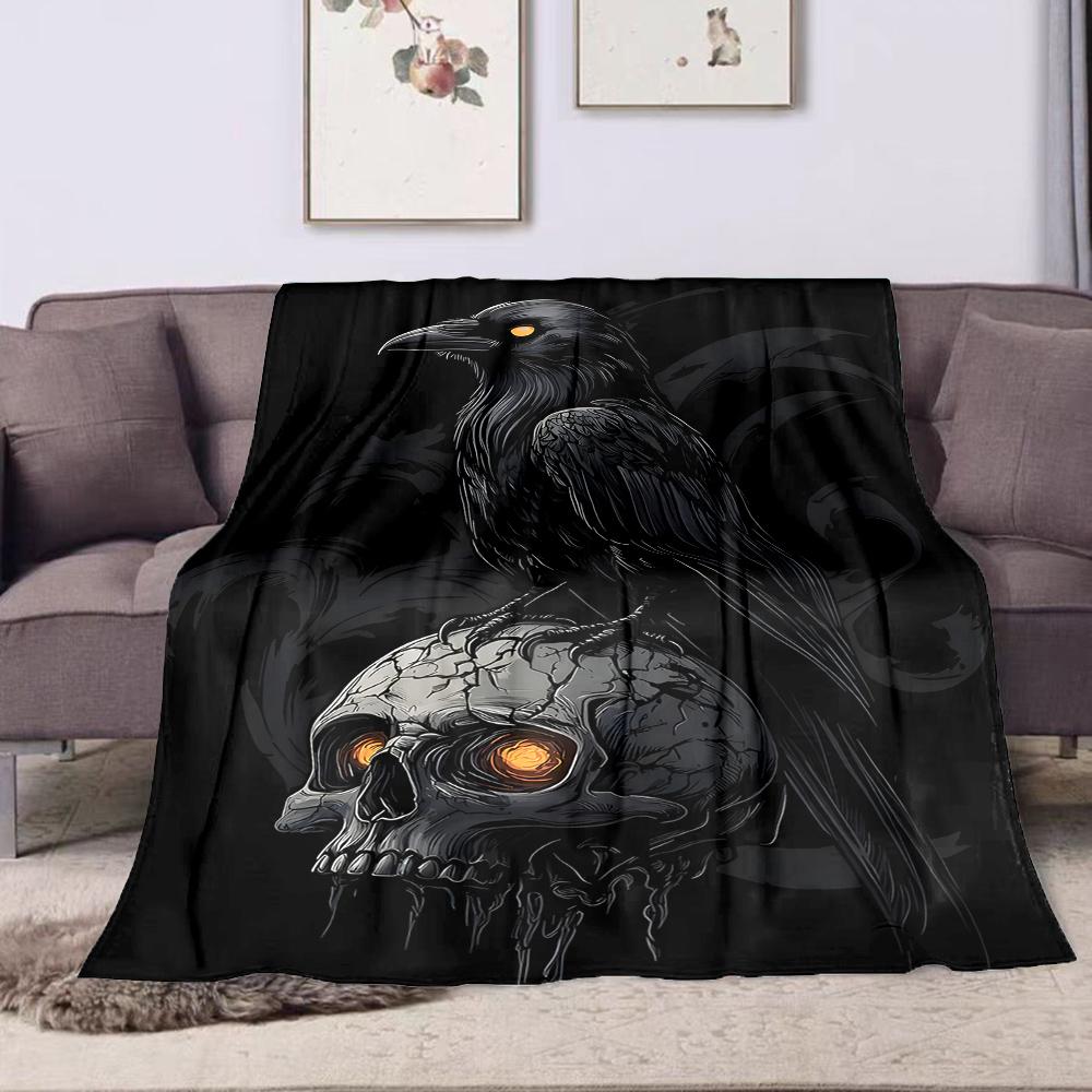 1PC Raven on glowing skull Print Adult Children Warm Blankets Home Travel Car Soft and Comfortable Suitable for all seasons