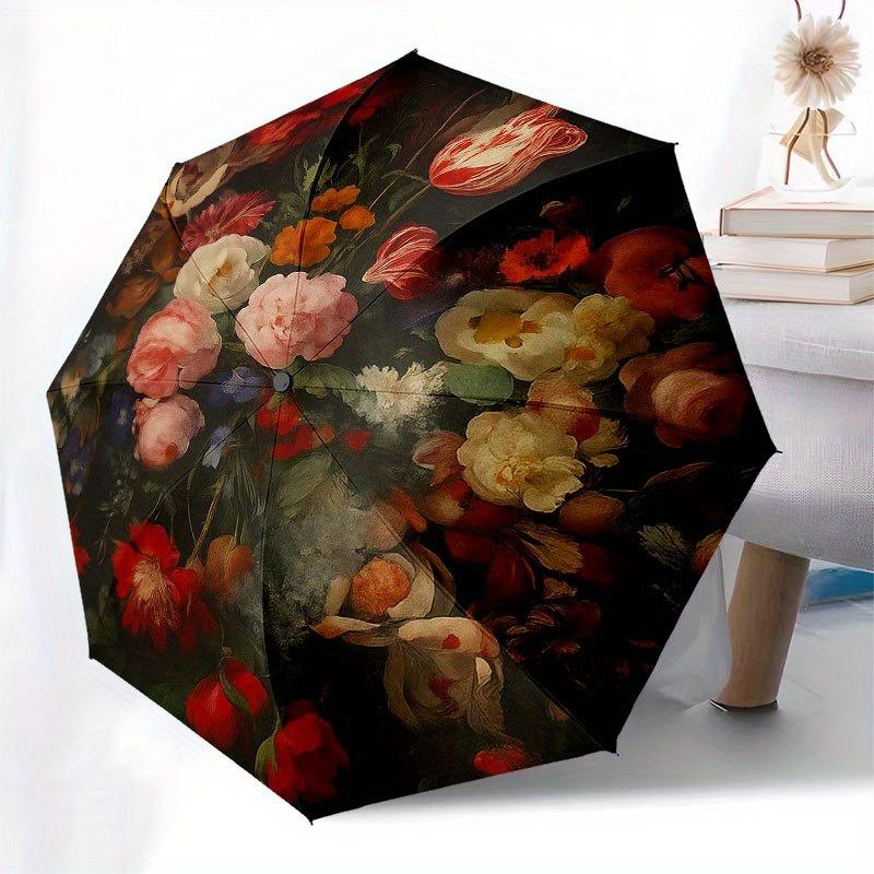 Floral Elegance: A Circular Canvas of Vibrant Blooms Umbrella, Portable 3-Fold Compact Umbrella for Men & Women R161