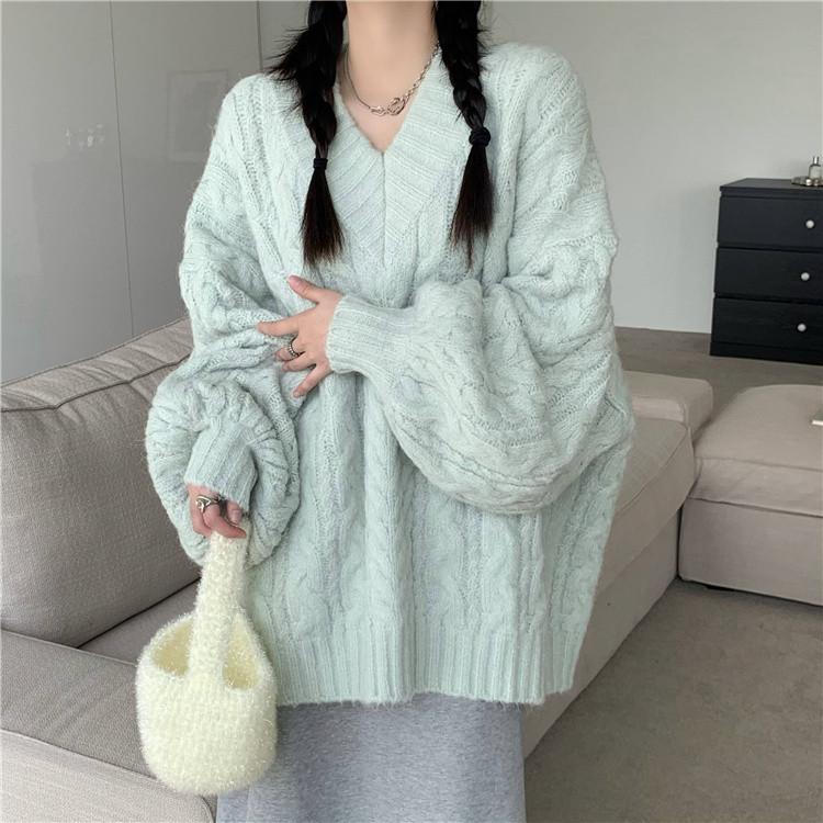 Harajuku Sweater Women Fashion Oversized Pink V-Neck Knitted Pullovers Korean Long Sleeve Knitwear Winter Casual Jumpers