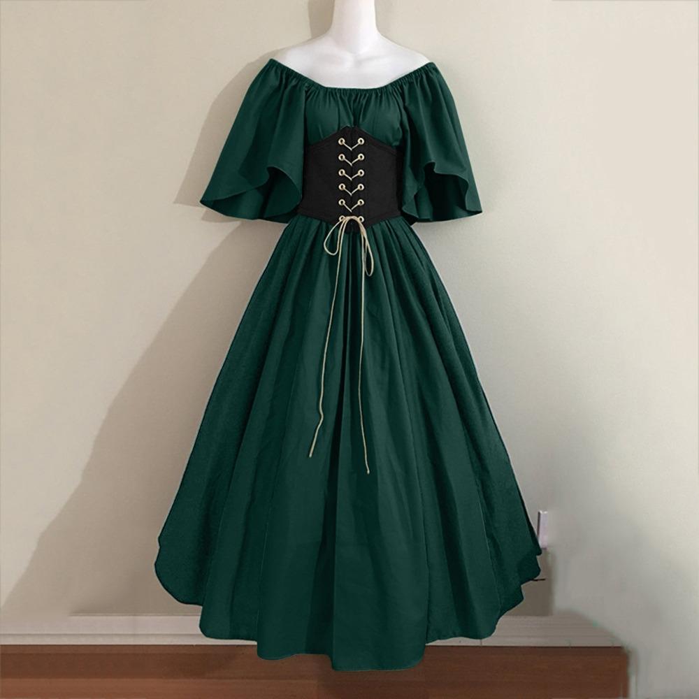 Women's Off‑Shoulder Half Sleeve Maxi Dress Loose Fit High Waist Vintage Renaissance Medieval Gown
