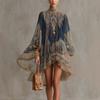 New European and American Style Turtleneck Print Dress Loose Holiday Style Shawl Long-sleeved Women's Dress