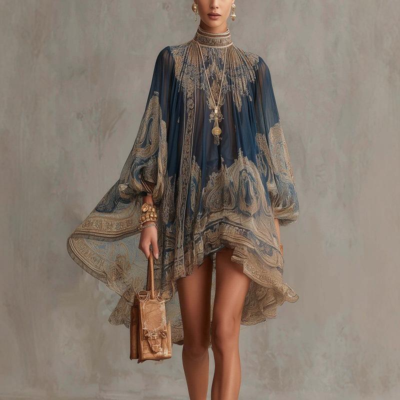 New European and American Style Turtleneck Print Dress Loose Holiday Style Shawl Long-sleeved Women's Dress