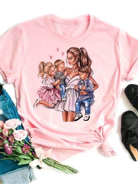 Women T Shirt Cartoon Mom Daughter Son Print Lady Tshirts Short Sleeve Tops Womens Kawaii Graphic Female Tshirt Clothe