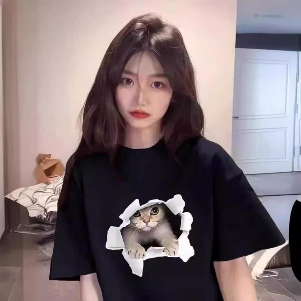 Women's Cute Kitten Print Loose Short Sleeve T-Shirt - White, Niche Design, Round Neck, Spring/Summer Trend
