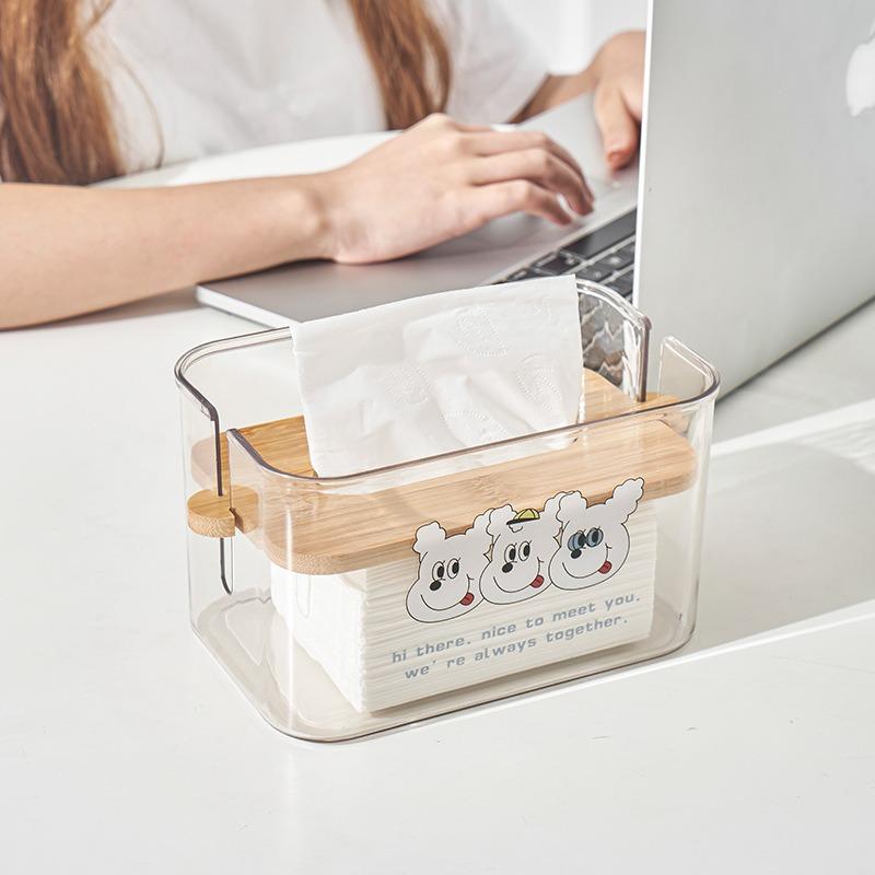 Transparent Tissue Box Dog Pattern Wood Lid Rounded Edge Minimalist PET Smooth Surface Napkin Box for Kitchen
