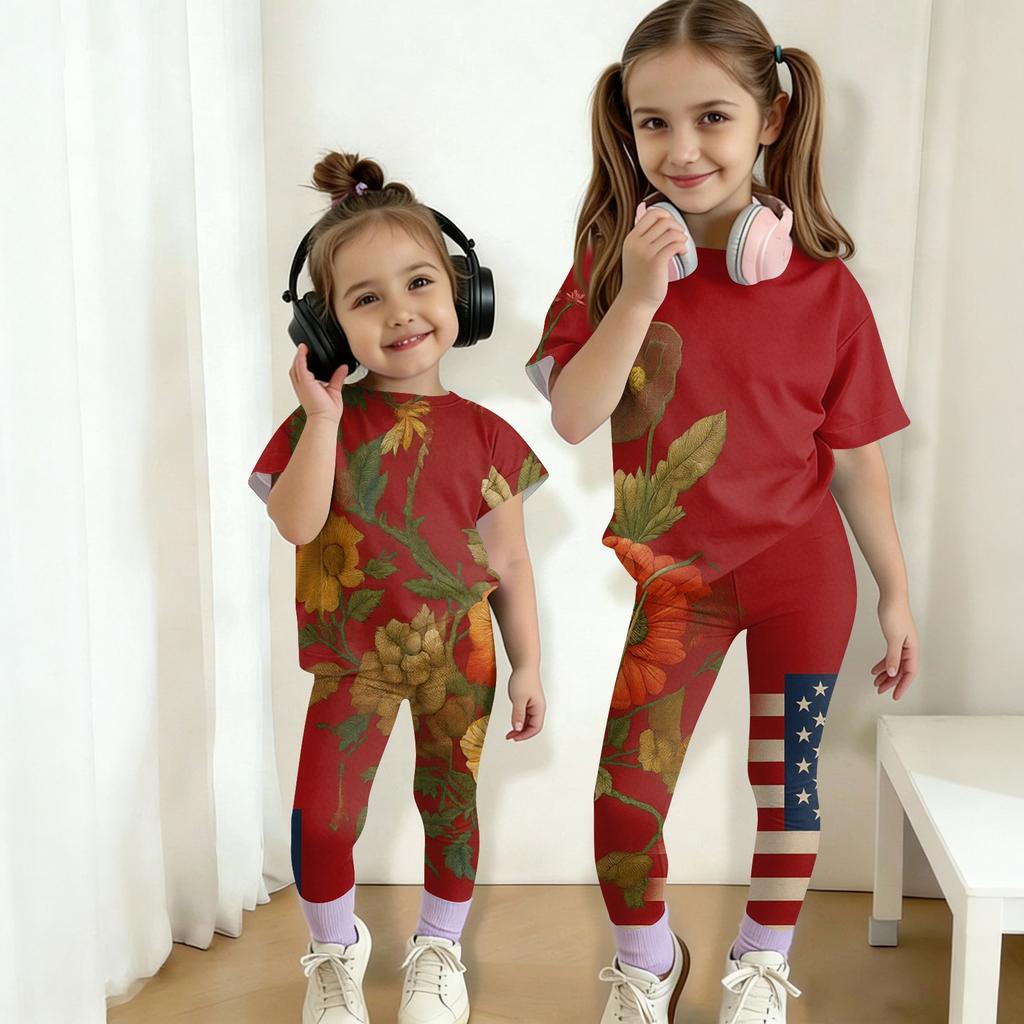 Boys And Girls Independence Day Print Set Kids Casual Short Sleeve Top And Long Pants Set