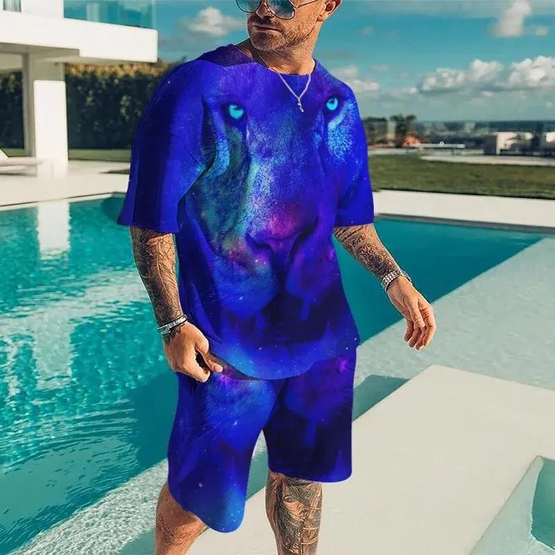 Men Cool Lion Tiger T-shirt Set 3D Animal  Print Casual Style T-shirt Shorts Set Summer New Fashion Street Clothing High-quality