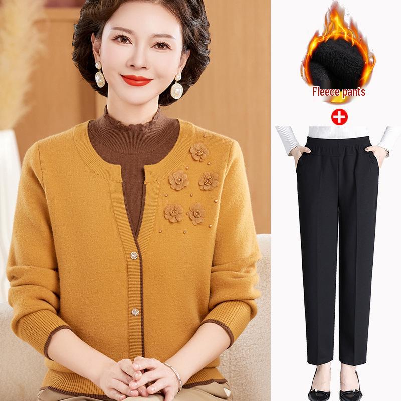 2025 New Autumn/Winter Faux Two-Piece Plus Velvet Sweater for Middle-Aged & Elderly Women, Warm Velvet Base Layer Shirt