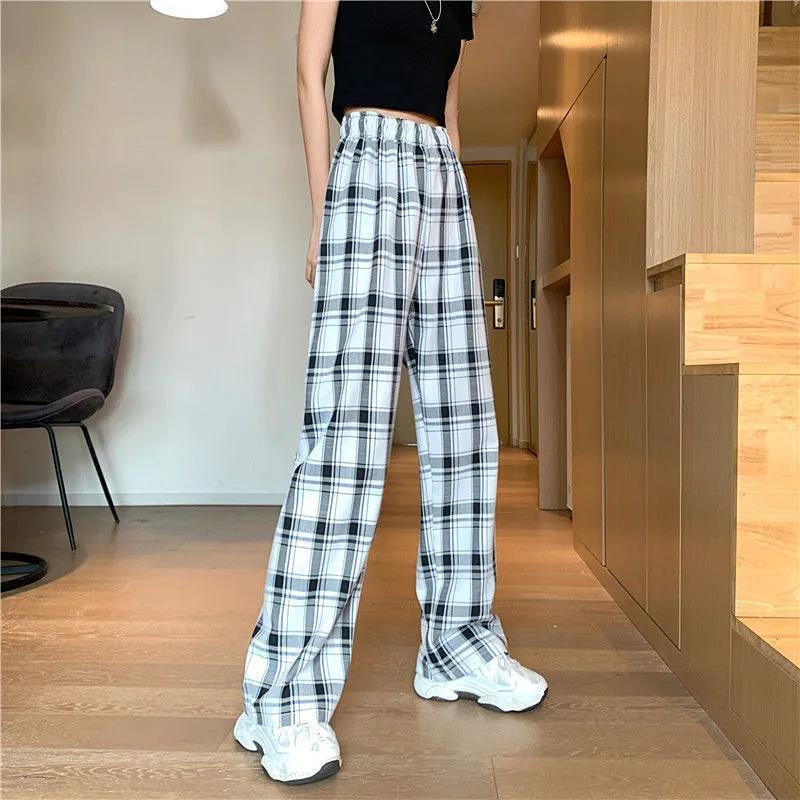Vintage Plaid Women Pants High Waist Wide Leg Straight Pant Loose Casual Female Trousers Wide Leg Pant Fashion