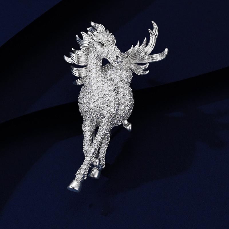 Elegante Unisex-Broche mit Strasssteinen und galoppierendem Pferd (Tierkreiszeichen) - Vielseitiger Anstecker für Anzüge & Tier-Accessoire