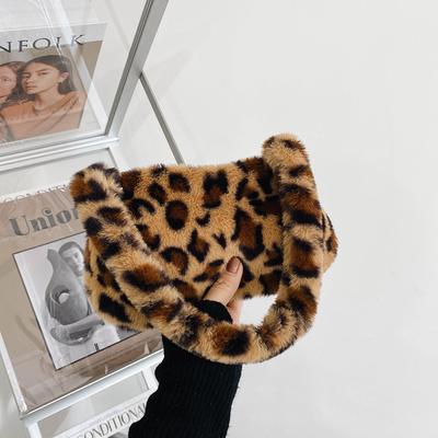 Women Cow Print Mini Shoulder Bags Female Winter Plush Underarm Bags Leopard Zebra Pattern Fluffy Tote Bags Small Purses