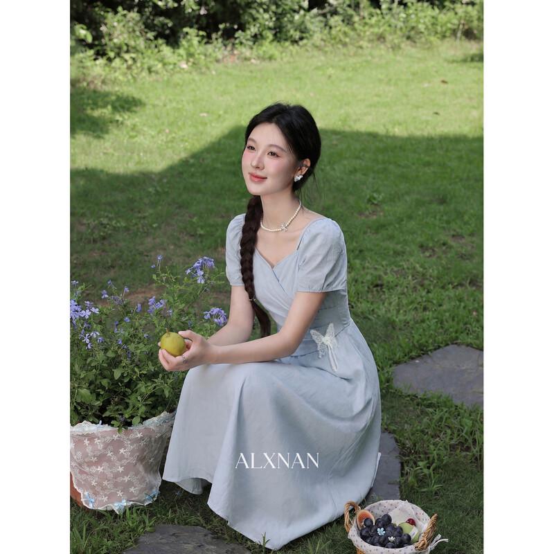 French Style Blue A-Line Summer Maxi Dress