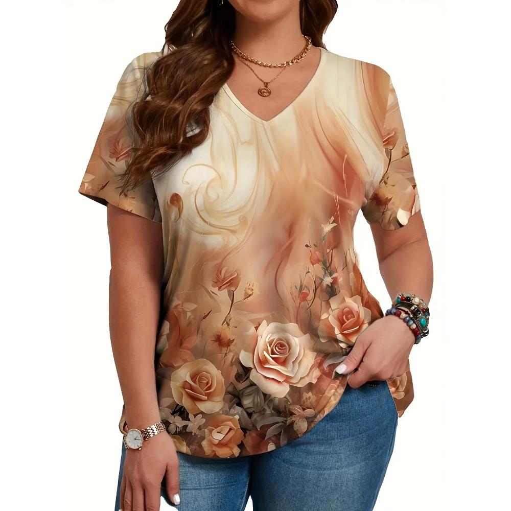 T-Shirt Women Elegant Simple V-Neck Short Sleeve 3D Print Floral Print Top Summer Casual Ladies T-Shirt Vintage Pullover Tops
