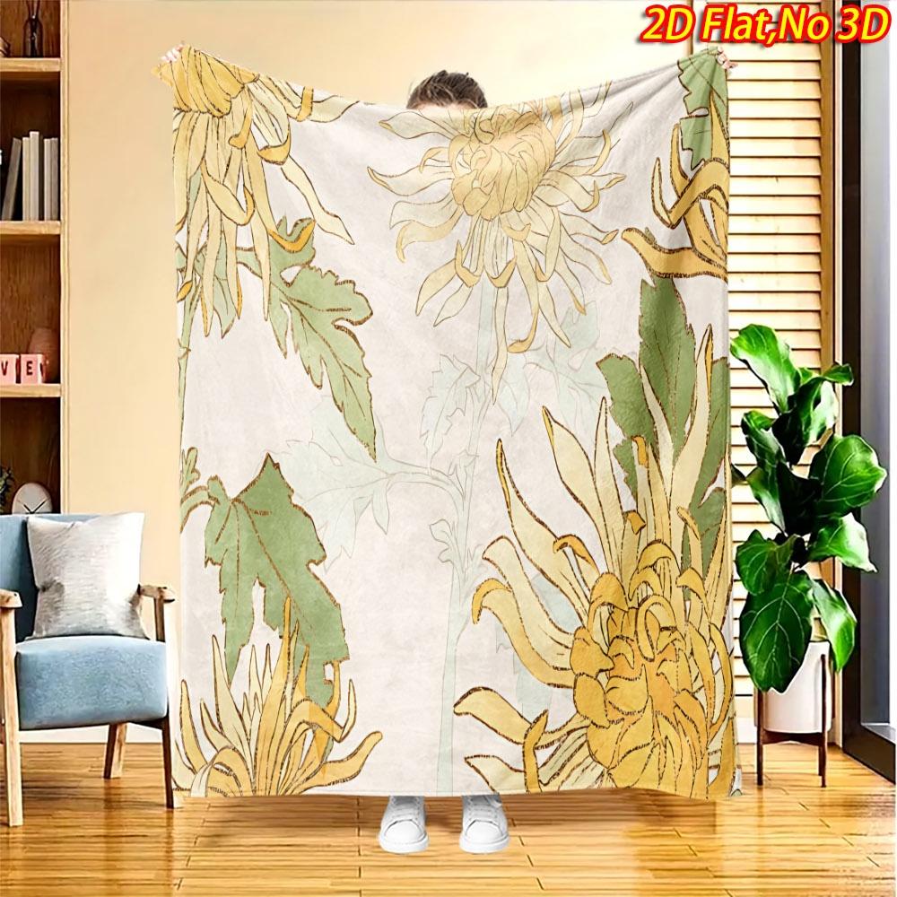 1pc 2D Flat Printing Spring And Summer New Arrival Chrysanthemum Pattern Digital Print Blanket, All-Season Use, Casual Throw, 100% Polyester Fiber Sof