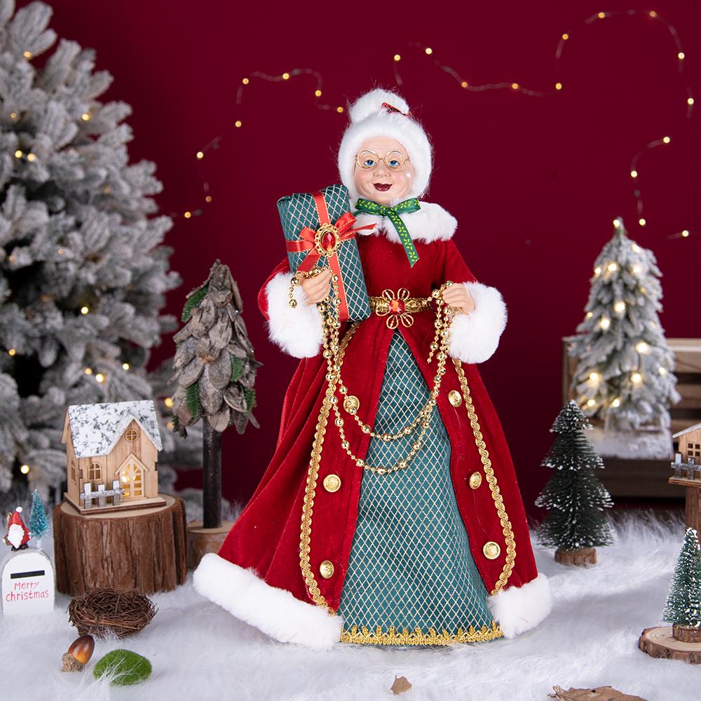 Statua di Mrs Claus in Piedi da 45 cm con Scatola Regalo, Ornamento Nonna di Natale con Vestito di Velluto Rosso