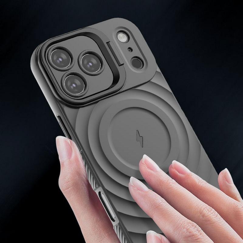Magnetic Ripple Stand Phone Case For iPhone 17 Pro Max 16 15 14 13 Pro Max Luxury Lens Bracket Shockproof Soft Silicone Cover