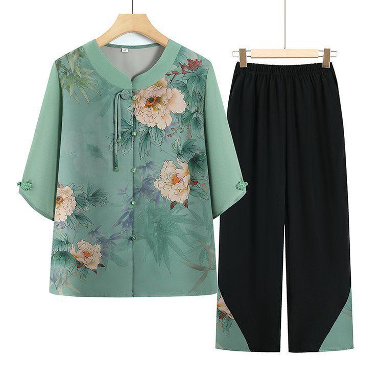 

Women s Summer Collection: Mid-Sleeve Set for Elderly Women – Grandmother s Chiffon Top and Short-Friendly Designs 5XL 145-160 jin