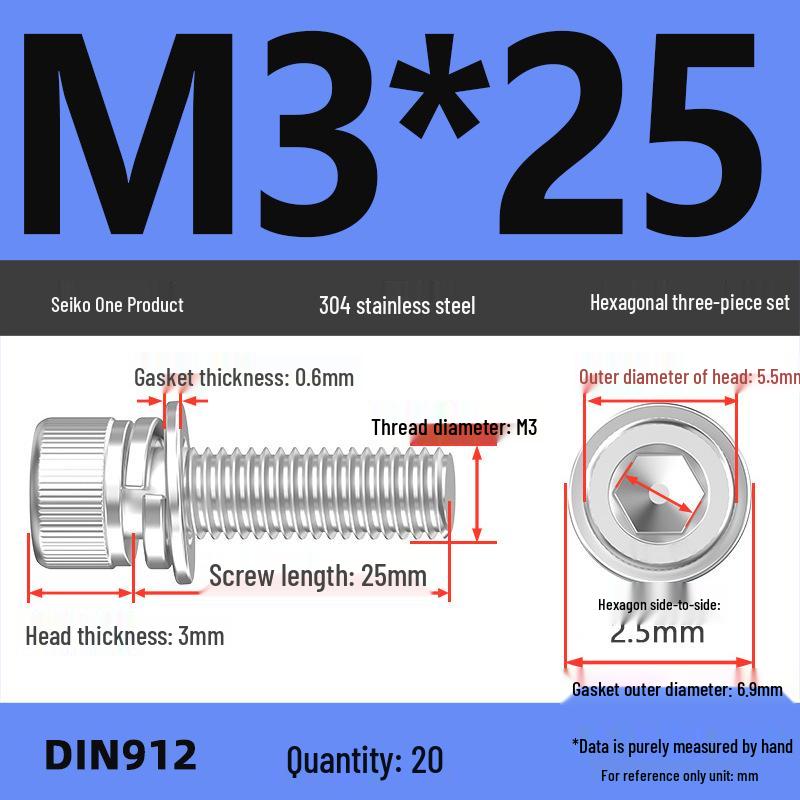 304 Stainless Steel Hex Socket Cap Screw with Washer - Sizes M3, M4, M5, M6, M8, M12