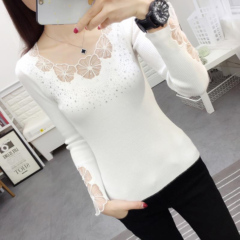 

Женский свободный крой с длинными рукавами, вышитым круглым вырезом, трикотажный кружевной ажурный сексуальный базовый свитер XL белый