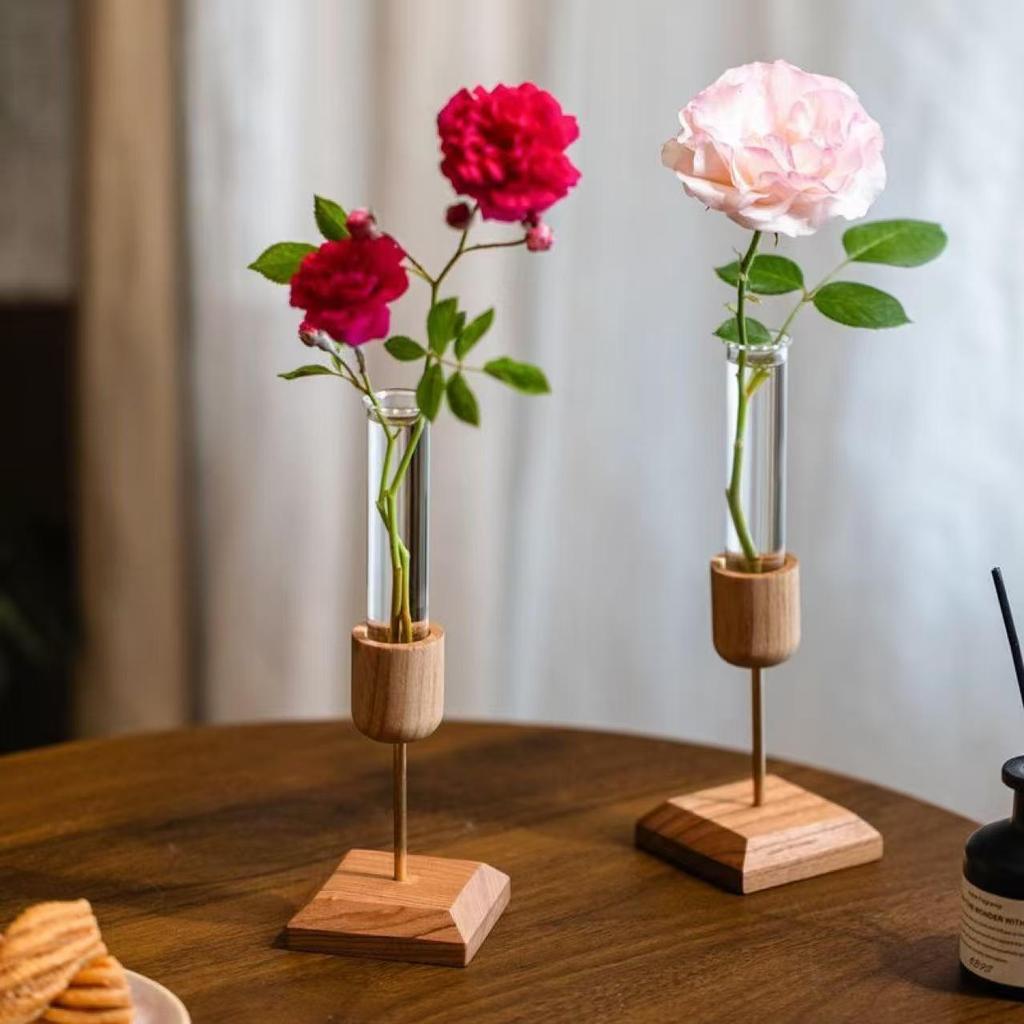 Creative Wooden Vase with Glass for Hydroponic Plants and Flowers