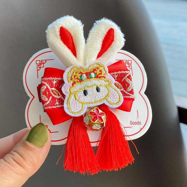 2023 Chinese New Year Embroidered Bow Hair Clip with Rabbit Ears - Red Side Clip for Little Girls