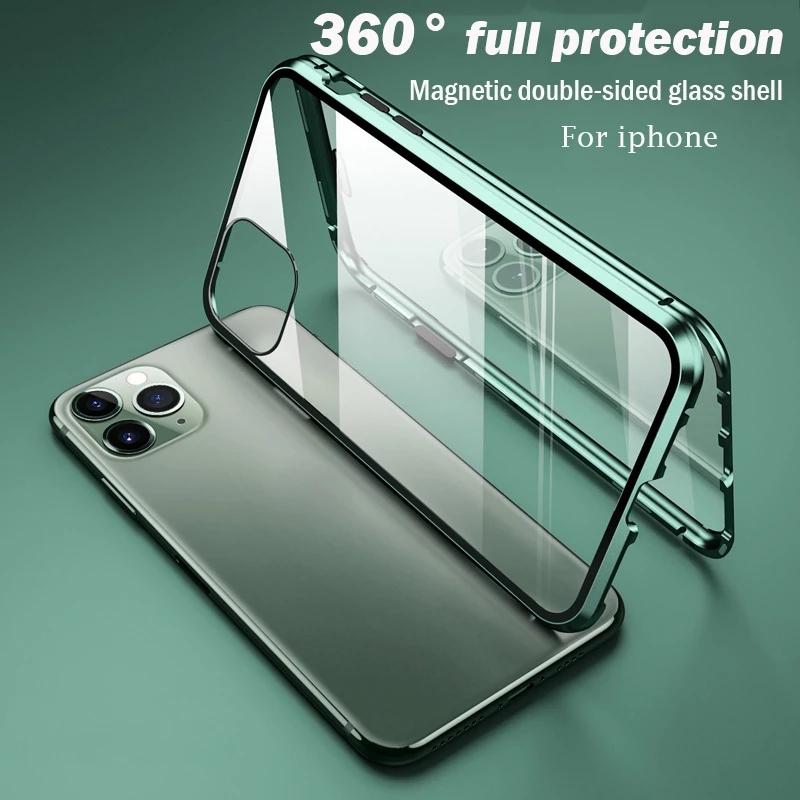 Metal Frame Double Sided Glass Magnetic Phone Case For iPhone16 15 14 13 12 Pro Max X XS 8 7 14 Plus 13 12Mini Camera Lens Cover
