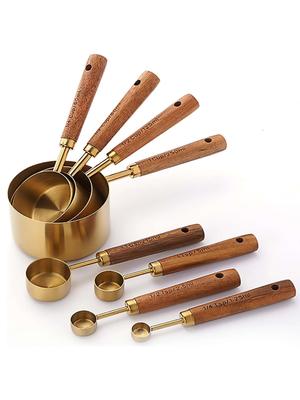 Leeseph 8 Piece Coffee Gold Measuring Cups Set and Measuring Spoons, Wood Handle Measuring Cups, Coffee Spoon Measuring Tools