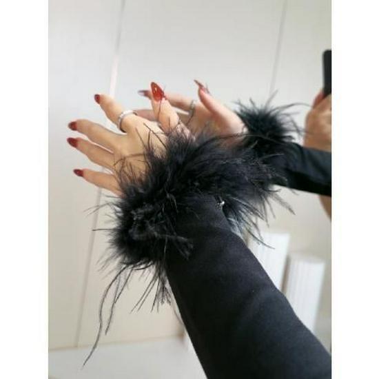 Velvet Slim Fit High Neck Patchwork Furry Cuff Long Sleeve White Top - 2024 Fashion Collection