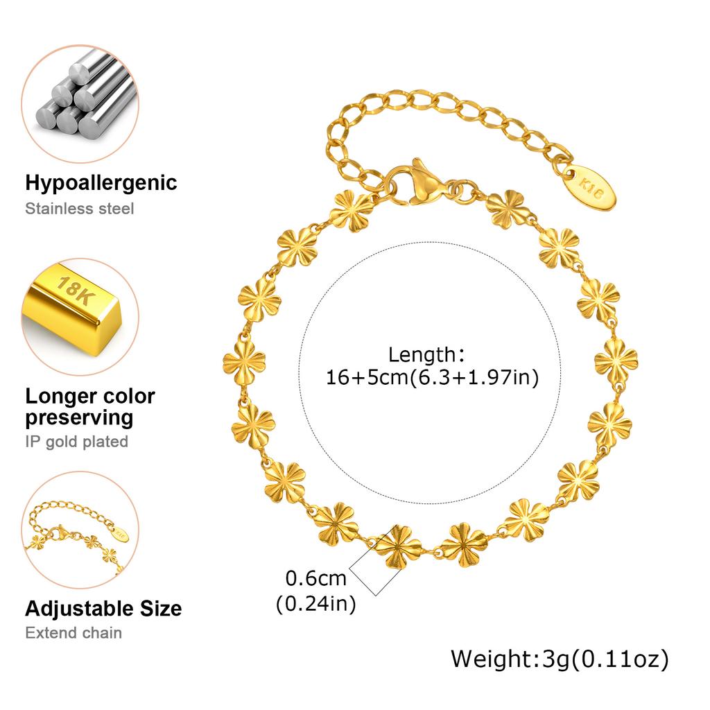 Elegant Four Leaf Clover Women's Hand Bracelets, Gold Plated Stainless Steel Flower Charm Bangle, Fashion Luxury Jewelry