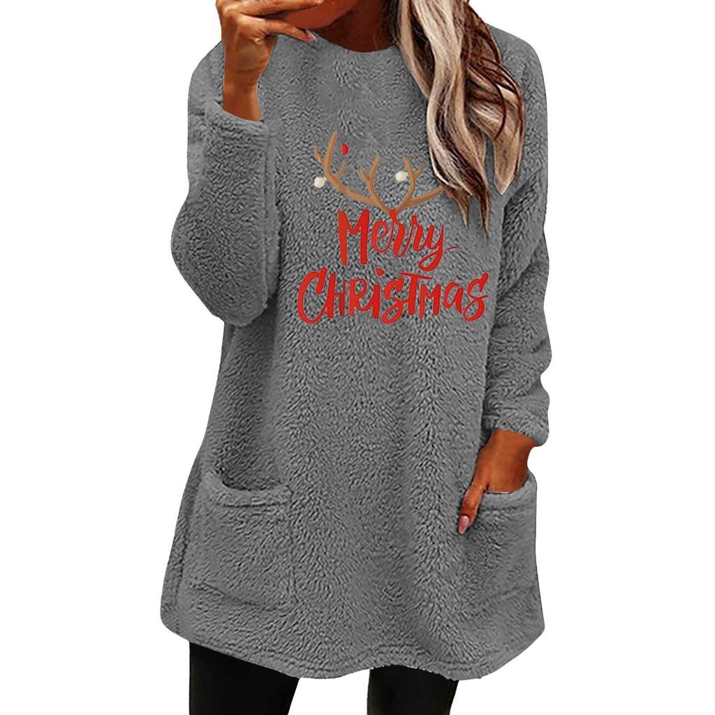 European and American Women’s Christmas Deer Print Casual Long Sleeve Pocket Hoodie