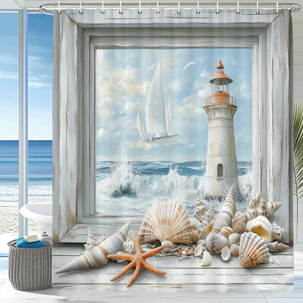 Blue Ocean Beach Seaside Lighthouse View Shower Curtain, Bathroom Decorative Shower Curtains, Home Curtain With Hooks