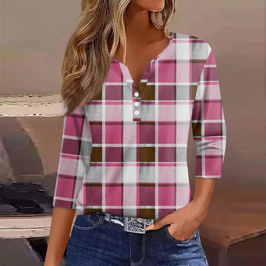 Women's T Shirt Tee Printed Button 3/4 Sleeve Tunic Daily Weekend Fashion Basic V- Neck Regular Top