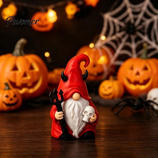 Dark Style Devil Dwarf Figurines Halloween Gnome Statue, 3D Printed Red Hat Figurine, Gothic Decorations Tabletop Ornament for Indoor Outdoor