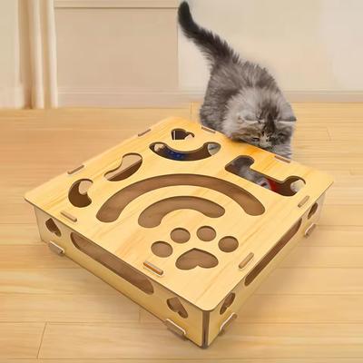 Interactive Cat Toy Puzzle Box Wooden Treat Maze Play Enrichment Box with 6 Balls Cat Nail File Scratcher Toy for Indoor Kitten