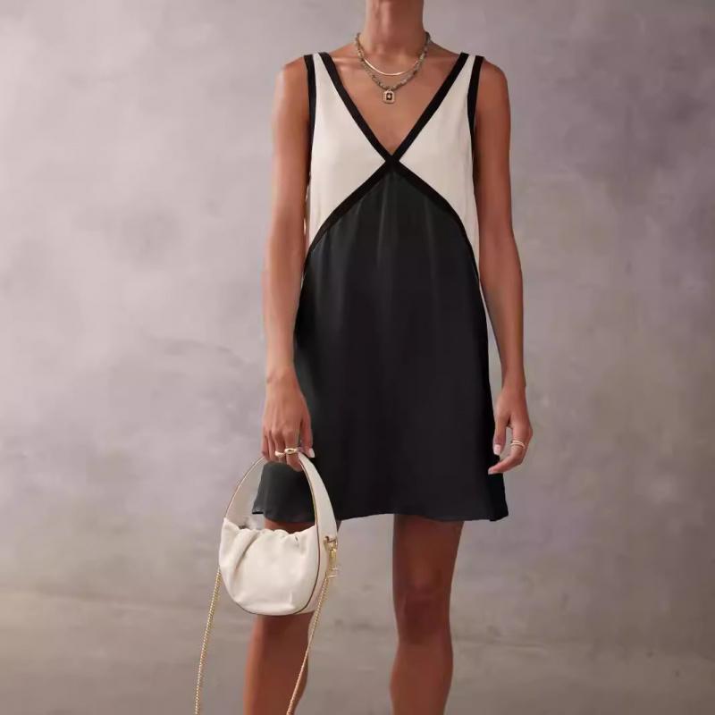 2026 New Women's Summer V-neck Color-Block Loose Sleeveless Tank Top Mini Dress